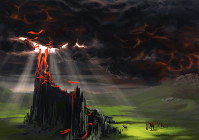 Volcanic Spire with Light Beams