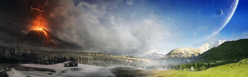 Volcano and alien planet landscape