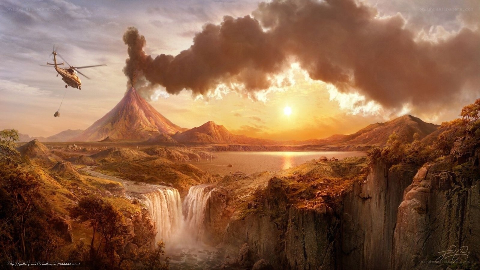 Volcano and helicopter at sunset