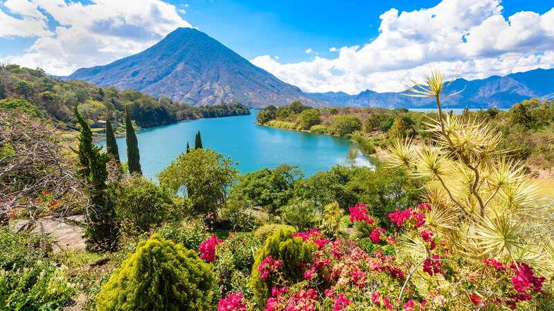 Volcano and Lake Landscape — Blue