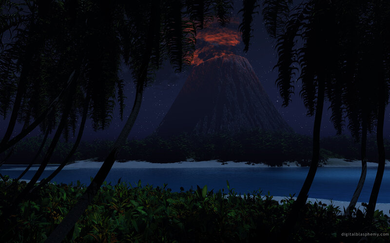 Volcano at night in jungle
