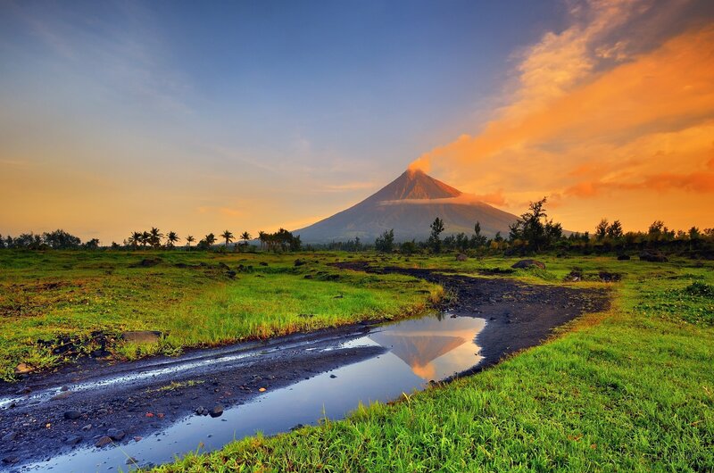Volcano at Sunset — Green
