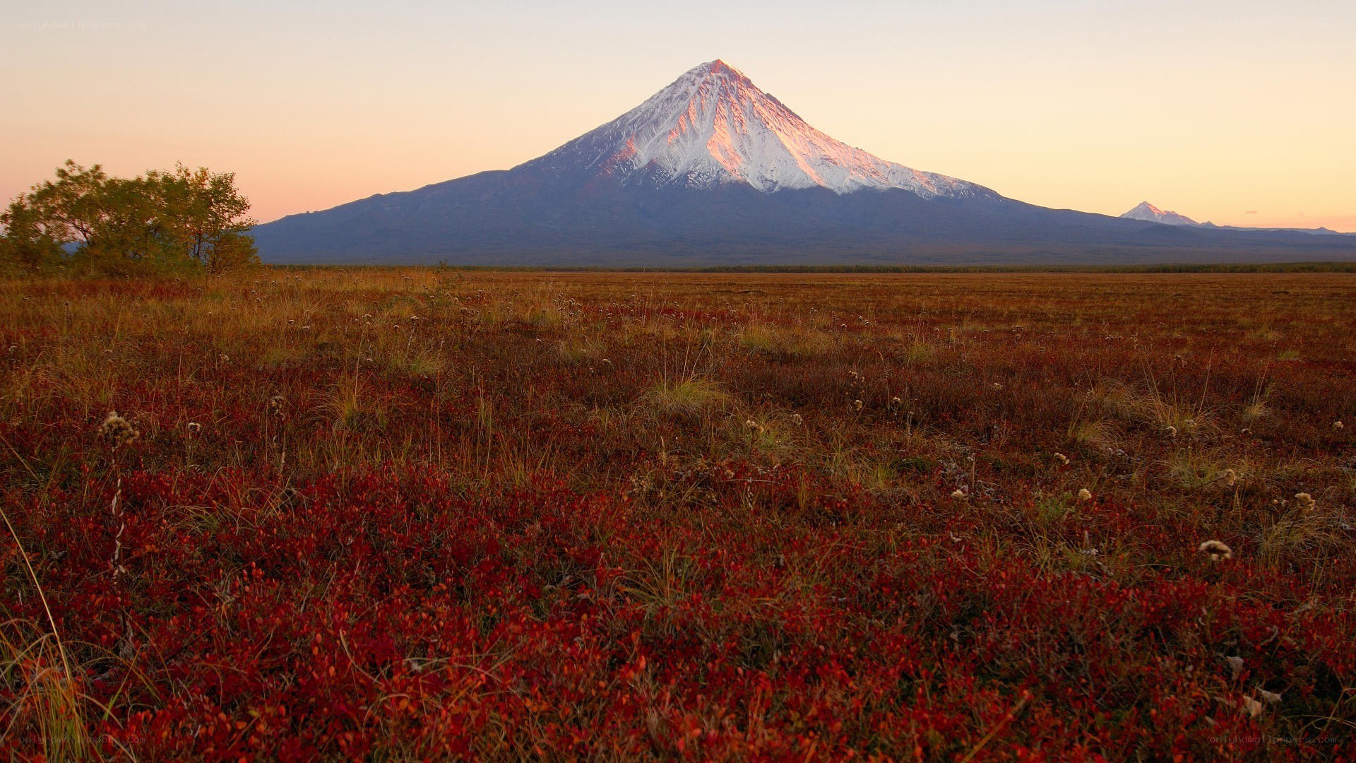 Volcano at sunset in autumn
