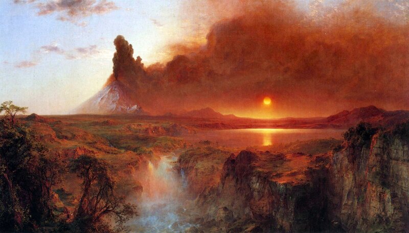 Volcano at sunset landscape