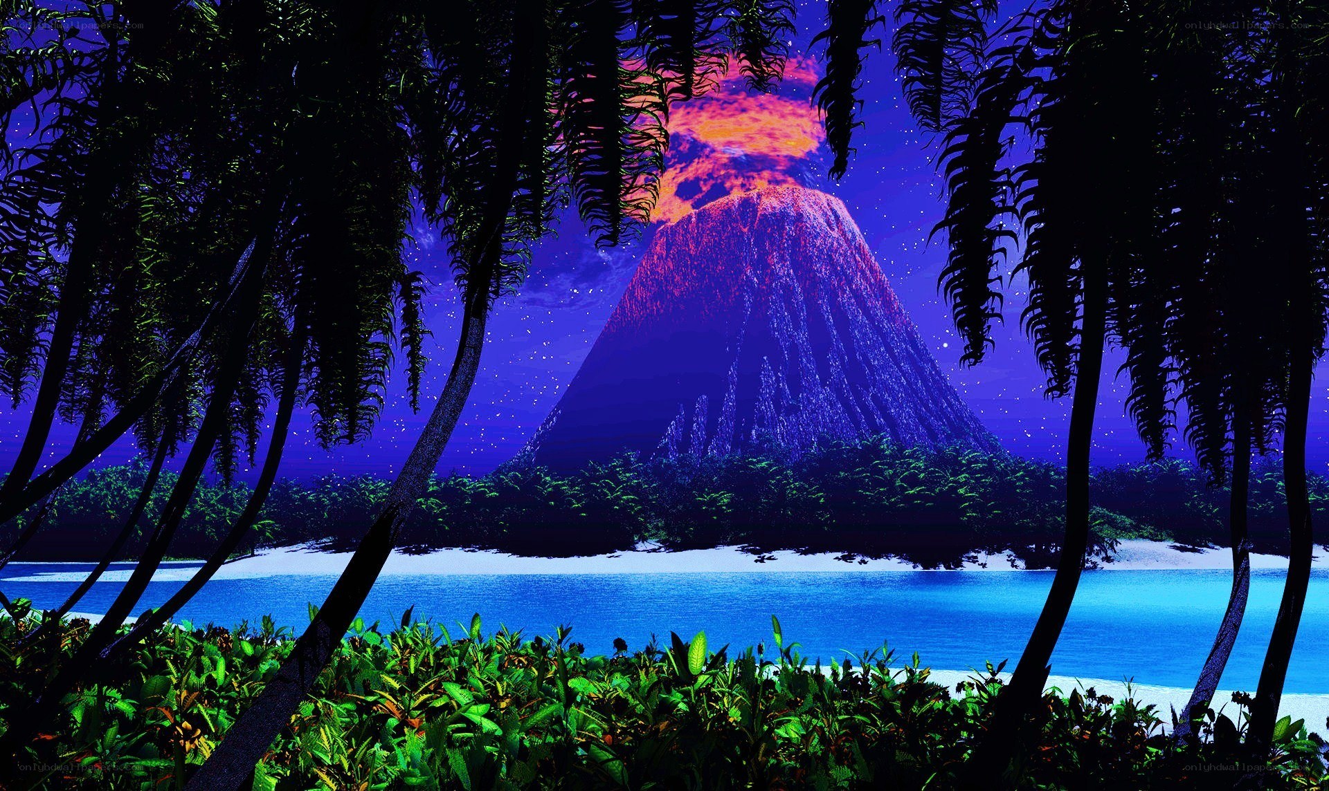 Volcano at tropical night