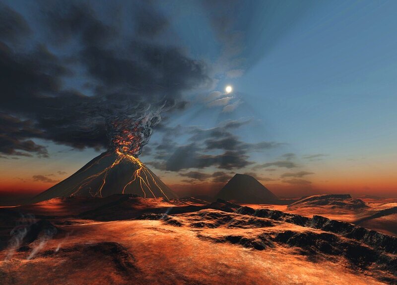 Volcano erupting at dusk