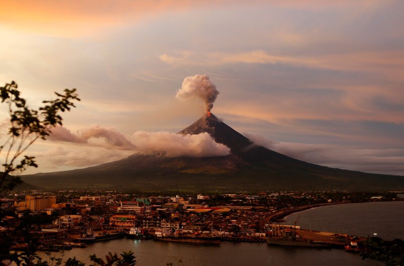Volcano Erupting at Dusk — Orange, Dramatic