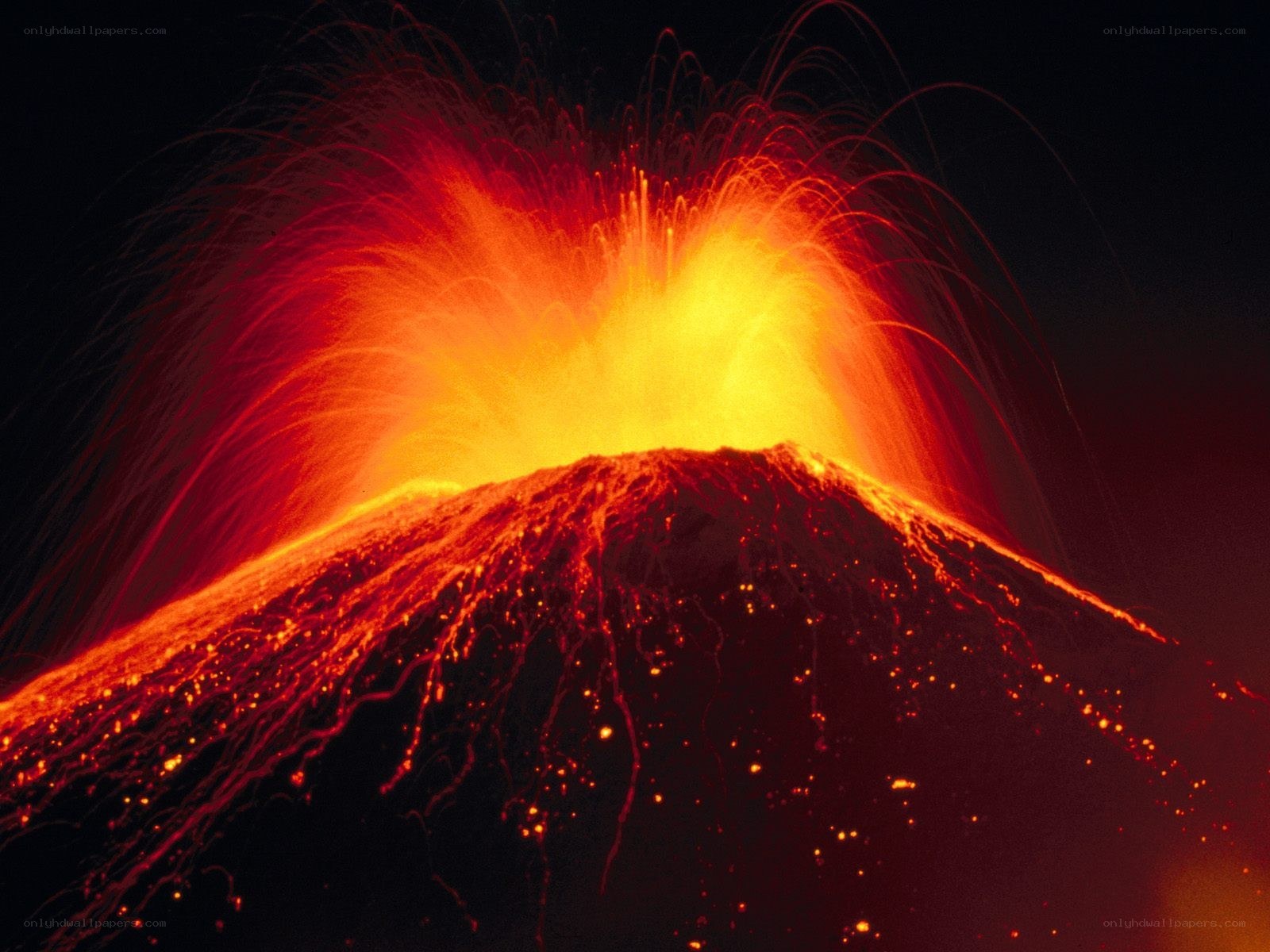 Volcano erupting at night