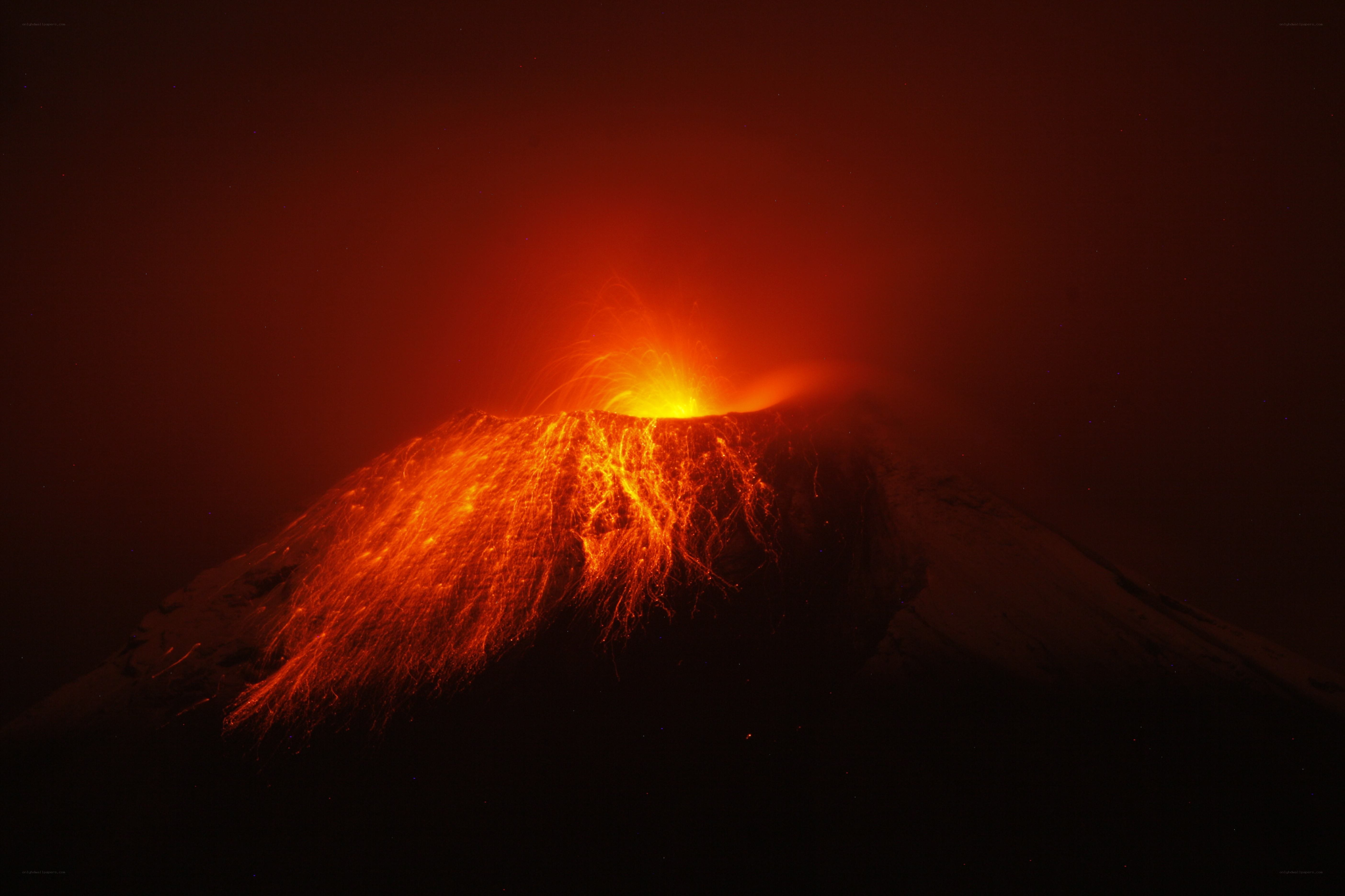 Volcano erupting at night