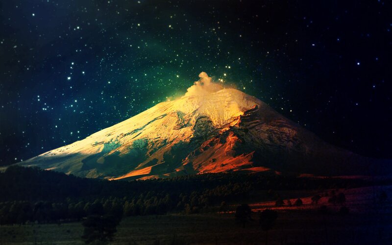 Volcano Erupting at Night — Black, Dramatic, Digital Art, Stars