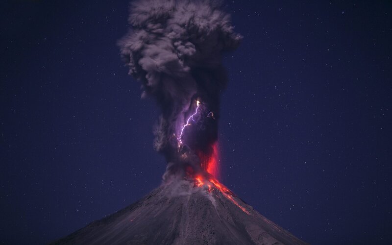 Volcano Erupting at Night — Black, Dramatic, Photograph, Ash Cloud, Lightning