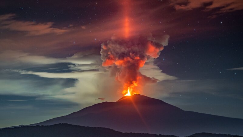 Volcano Erupting at Night — Black, Dramatic, Photograph, Lava, Ash Cloud