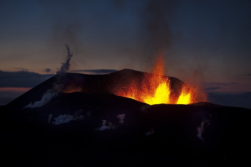 Volcano Erupting at Night — Black, Dramatic, Photograph, Lava, Smoke, Mountain