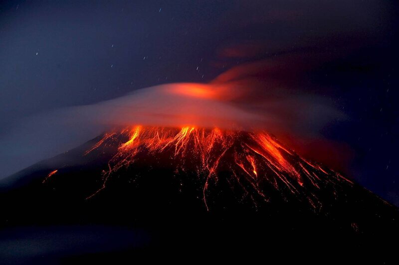 Volcano Erupting at Night — Black, Dramatic, Photograph, Lava, Smoke, Stars, Red