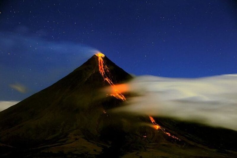 Volcano Erupting at Night — Black, Dramatic, Photograph, Lava