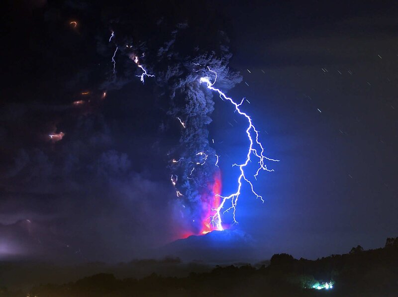 Volcano Erupting at Night — Black, Dramatic, Photograph, Lightning, Ash Cloud