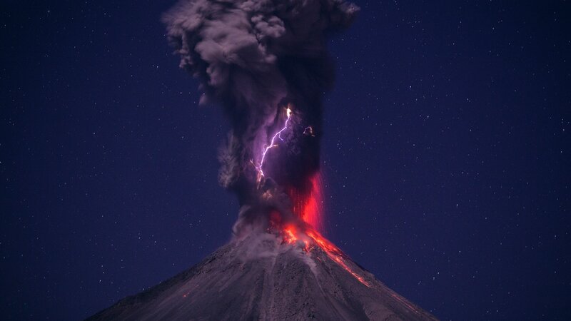 Volcano Erupting at Night — Black, Dramatic, Photograph, Lightning, Lava, Ash Cloud