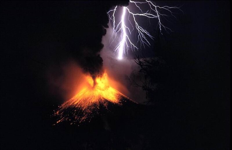 Volcano Erupting at Night — Black, Dramatic, Photograph, Lightning, Lava, Smoke, Orange, White