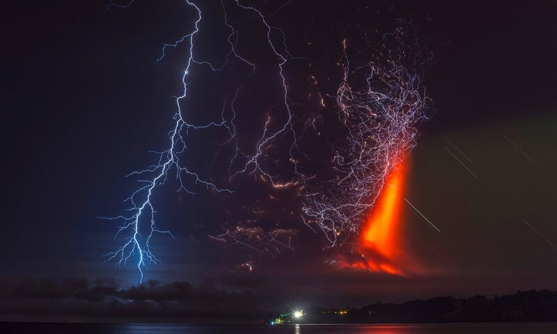Volcano Erupting at Night — Black, Dramatic, Photograph, Lightning, Lava