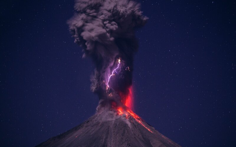 Volcano Erupting at Night — Black, Dramatic, Photograph, Lightning