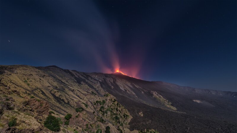 Volcano Erupting at Night — Black, Dramatic, Photograph, Mountain