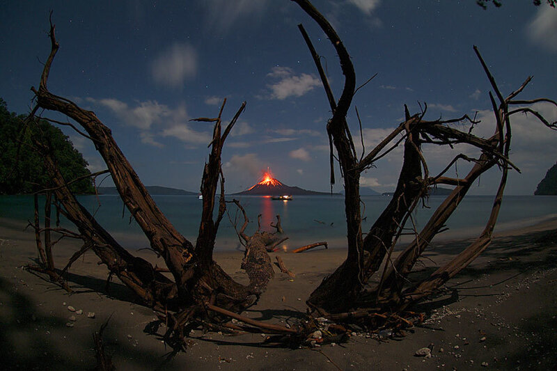Volcano Erupting at Night — Black, Dramatic, Photograph