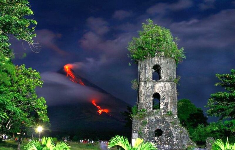 Volcano Erupting at Night — Black, Dramatic