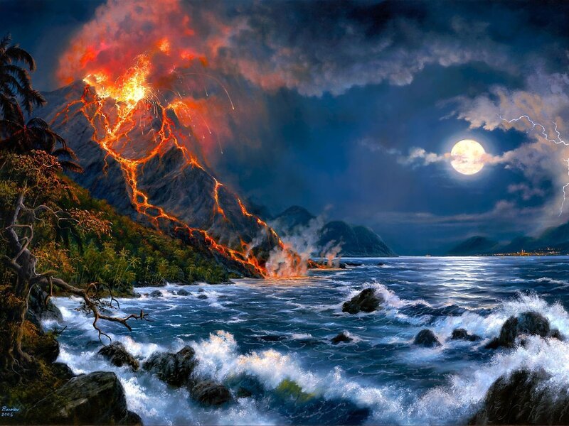 Volcano Erupting at Night — Blue, Dramatic, Digital Art, Lava, Moon
