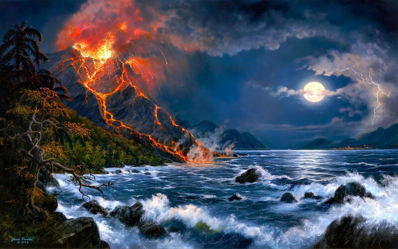 Volcano Erupting at Night — Blue, Dramatic, Digital Art, Lava
