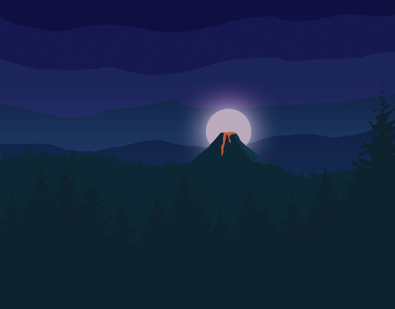 Volcano Erupting at Night — Blue, Dramatic, Digital Art, Moon, Forest