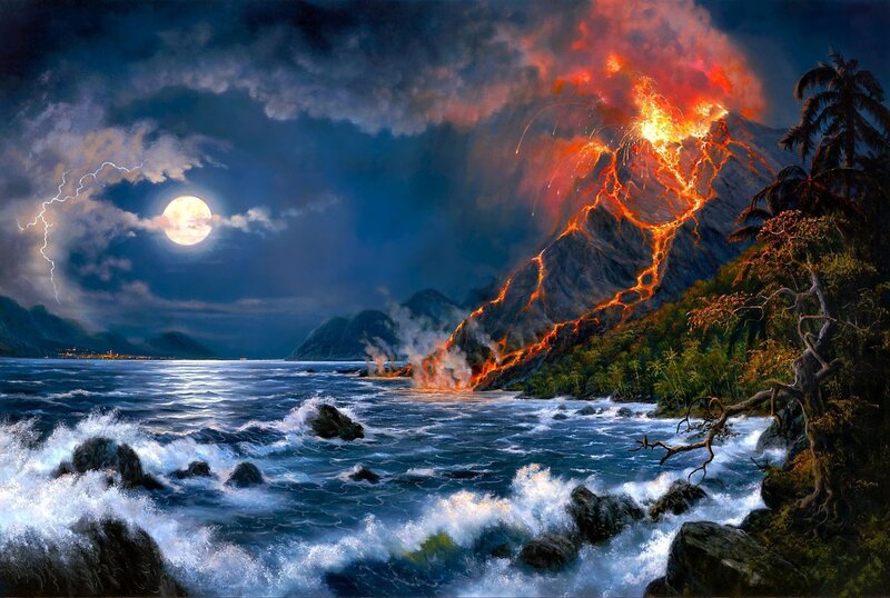 Volcano Erupting at Night — Blue, Dramatic, Digital Art, Moon, Lightning, Ocean