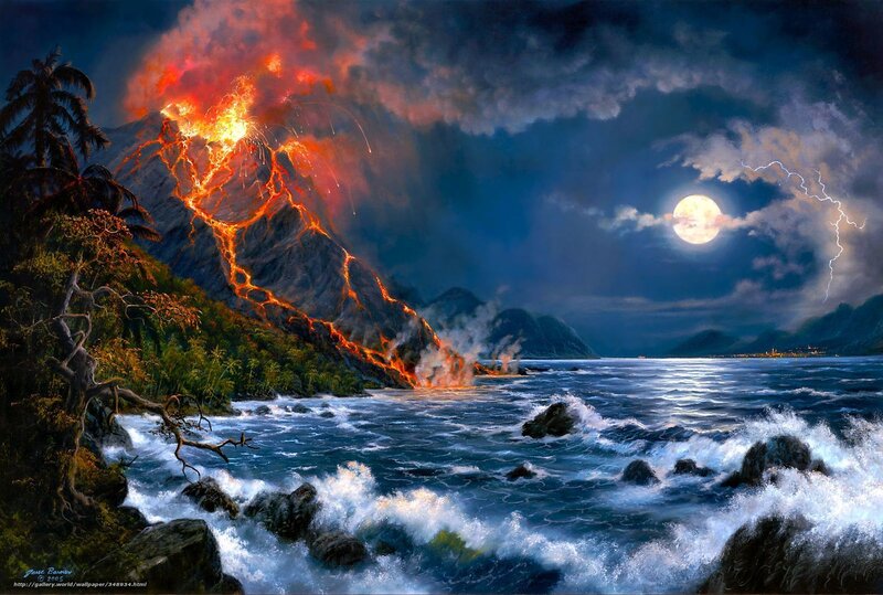 Volcano Erupting at Night — Blue, Dramatic, Digital Art, Moon, Lightning