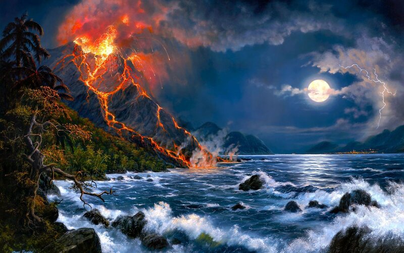 Volcano Erupting at Night — Blue, Dramatic, Digital Art, Moon