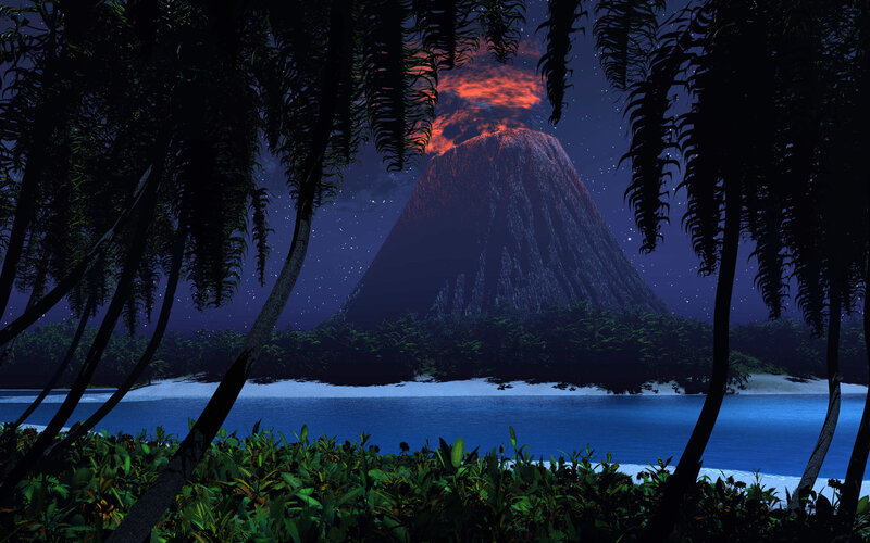 Volcano Erupting at Night — Blue, Dramatic, Digital Art, Ocean
