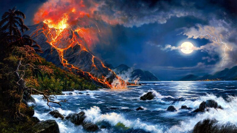 Volcano Erupting at Night — Blue, Dramatic, Digital Art