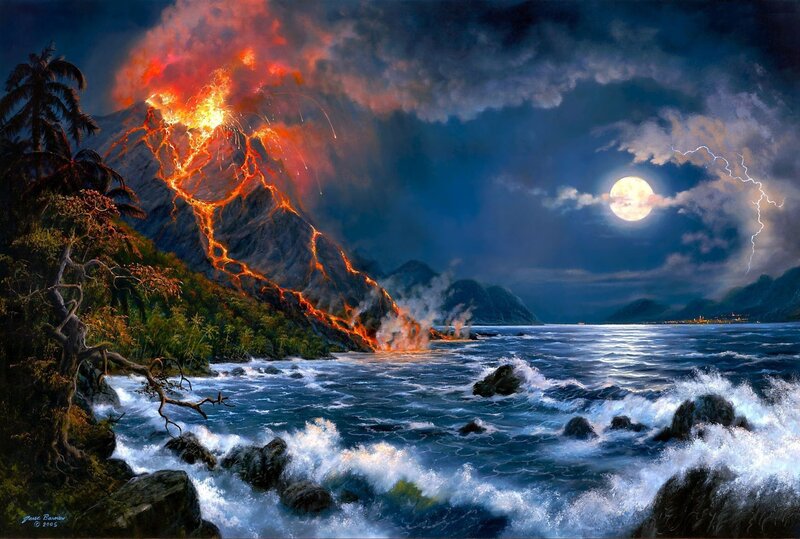 Volcano Erupting at Night — Blue, Dramatic, Painting, Moon