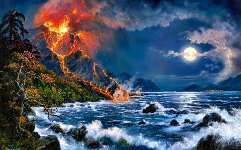 Volcano Erupting at Night — Blue, Dramatic, Painting