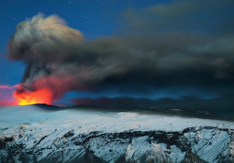 Volcano Erupting at Night — Blue, Dramatic, Photograph, Lava