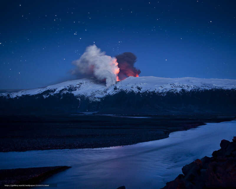 Volcano Erupting at Night — Blue, Dramatic, Photograph, Mountain