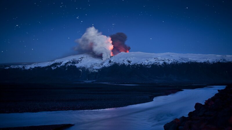 Volcano Erupting at Night — Blue, Dramatic, Photograph
