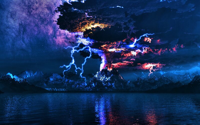 Volcano Erupting at Night — Blue, Dramatic