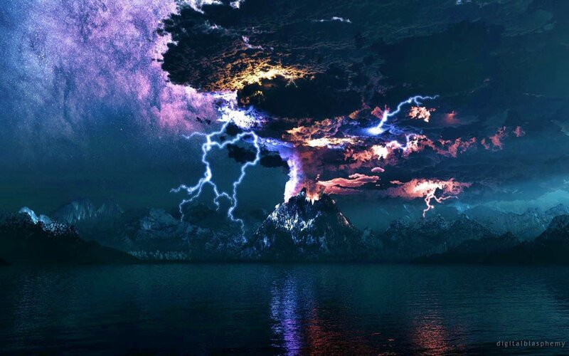 Volcano Erupting at Night — Blue