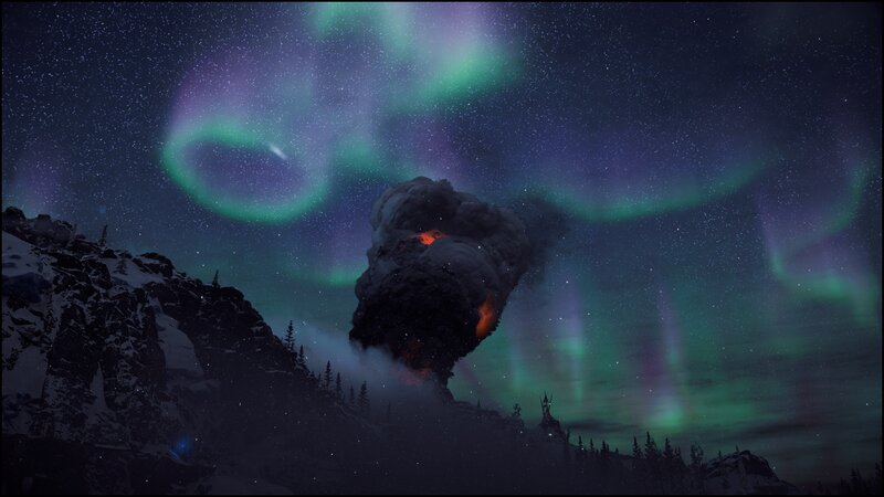 Volcano Erupting at Night — Green, Dramatic, Digital Art