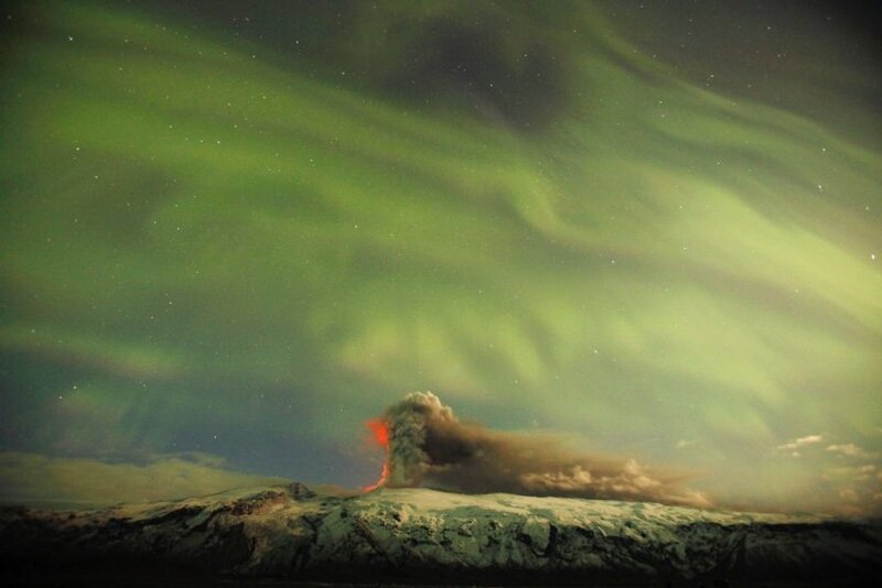Volcano Erupting at Night — Green, Dramatic, Photograph, Aurora Borealis, Mountain