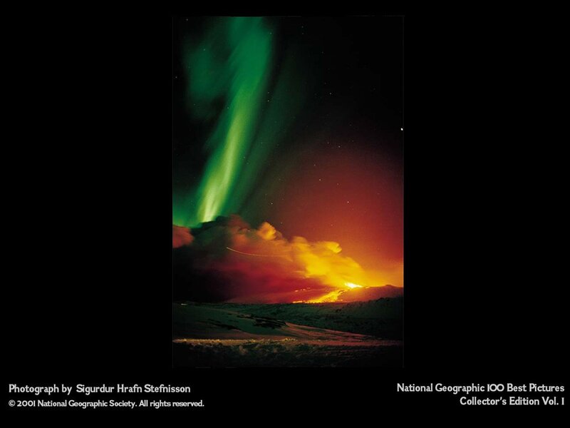 Volcano Erupting at Night — Green, Dramatic, Photograph, Aurora Borealis