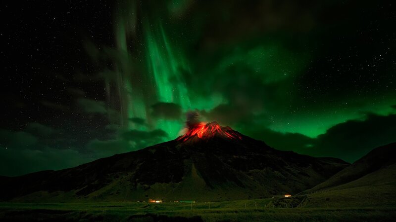 Volcano Erupting at Night — Green, Dramatic