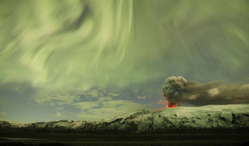 Volcano Erupting at Night — Green