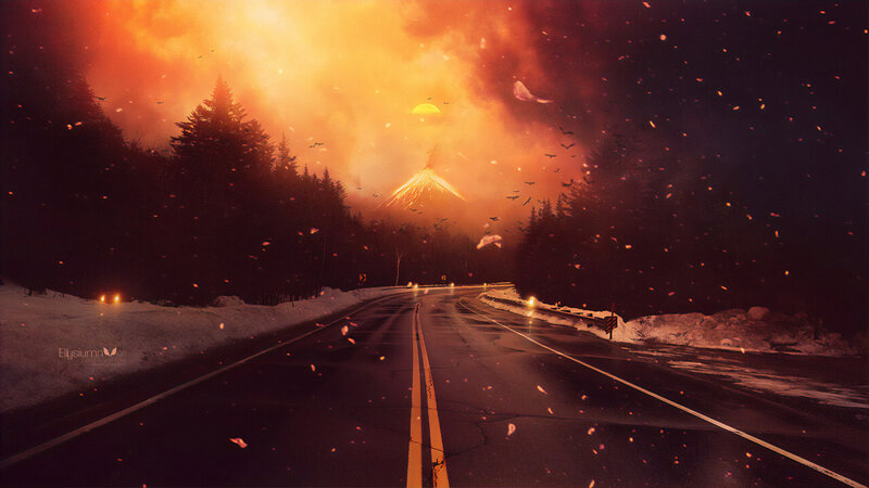 Volcano Erupting at Night — Orange, Dramatic, Digital Art