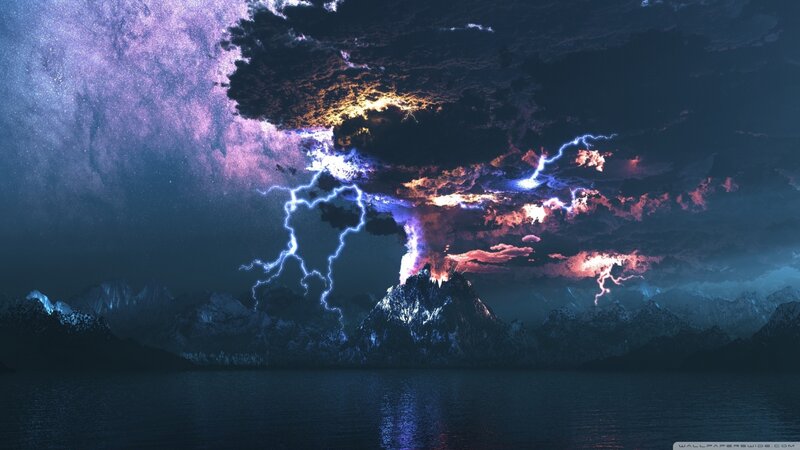Volcano Erupting at Night — Purple, Dramatic, Digital Art, Mountains, Lake