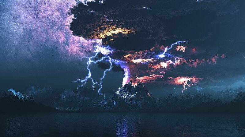 Volcano Erupting at Night — Purple, Dramatic, Digital Art, Mountains, Lightning, Clouds